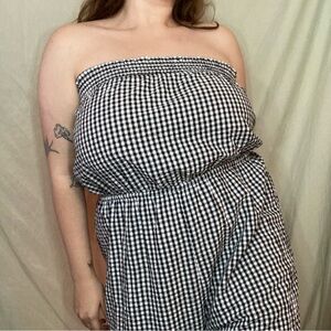Gingham Strapless Long Pants Romper